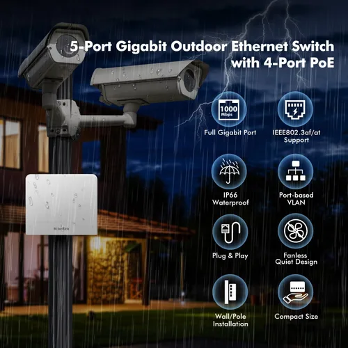 Vista 2 de MokerLink Interruptor POE Gigabit para exteriores de 5 puertos, con 4 puertos POE+ de 1000 Mbps, 78 W IEEE802.3af/at, interruptor sin ventilador