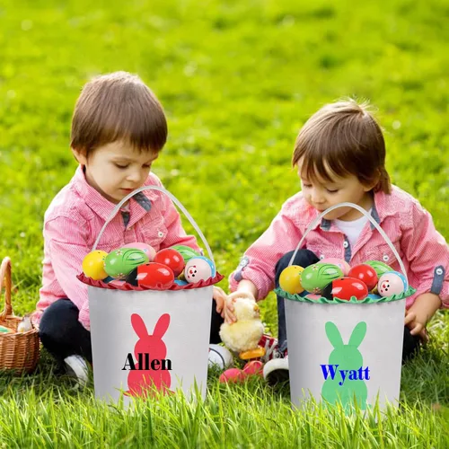 Vista 2 de Cestas de Pascua personalizadas para niños y niñas, cestas de conejo de Pascua personalizadas para niños, cesta de caza de huevos de Pascua, regalos