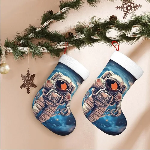Vista 5 de Astronauta Planet Print Christmas Stockings with Plush Cuff Fireplace Hanging Xmas Stocking Christmas Decorations for Family Holiday Xmas Party New