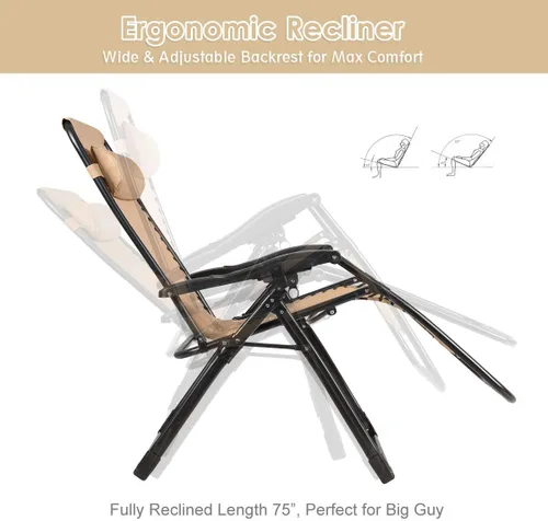 Vista 4 de DORTALA Silla Zero Gravity, silla de descanso con soporte para tazas, tela transpirable, reposacabezas desmontable, tumbona resistente de 500 libras