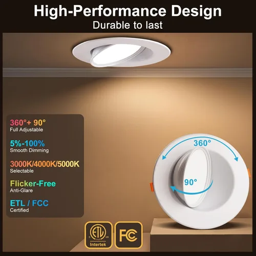 Vista 2 de Lightdot - Paquete de 6 luces LED empotrables con rótula de 6 pulgadas, ajustable 360°+90°, temperatura de color de 3CCT seleccionable y regulable