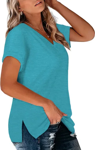 Vista 3 de VISLILY Camisetas de verano con cuello en V y manga enrollada para mujer