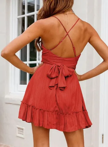 Vista 2 de Dokotoo Vestidos de tirantes delgados para mujer, cuello redondo, lazo, sin mangas, cintura elástica, dobladillo con volantes, acampanado