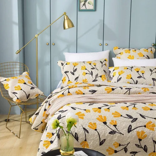 Vista 5 de DaDa Bedding - Juego de colcha acolchada con diseño floral botánico de flores amarillas y doradas, diseño de tulipanes de primavera, bordes