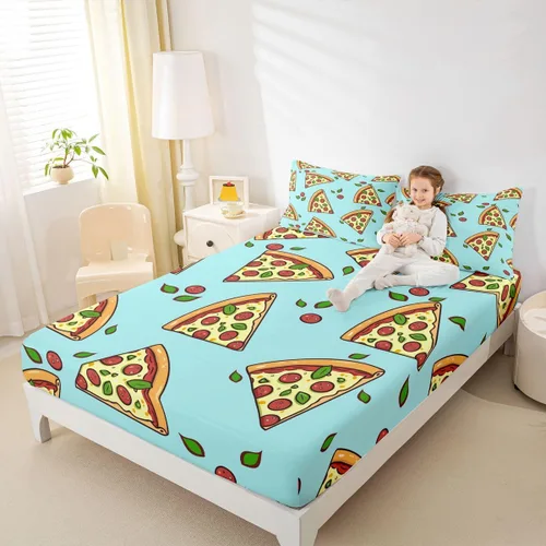 Vista 6 de Juego de sábanas de pizza de dibujos animados para niños, adolescentes, sábana bajera moderna y bohemia para niños y adultos, suave, verde