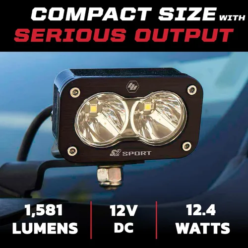 Vista 2 de Baja Designs S2 Sport - Par de cápsulas de luz LED negras – 2 unidades LED con arnés de cableado (conducción/combinado; ámbar)