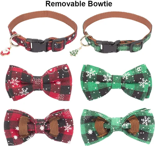 Vista 5 de ADOGGYGO Collar de Navidad para perro con pajarita, collar ajustable con corbatín para perro, collar de Navidad a cuadros rojos y verdes para perros