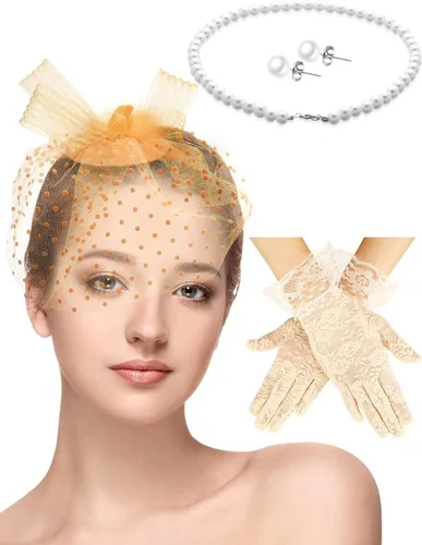 Vista 10 de Honoson Juego de 4 Sombreros Fascinadores para Mujer, Accesorio de Tocado para Fiesta de Té, Velo, Guante de Encaje, Juego de Perlas, Boda Negro