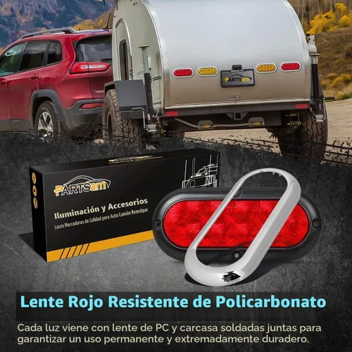 Vista 2 de Partsam 2 piezas de luces LED de 6" ovaladas cromadas para camión con remolque, rojas, 10 LED, montaje en superficie, luces traseras de parada, giro