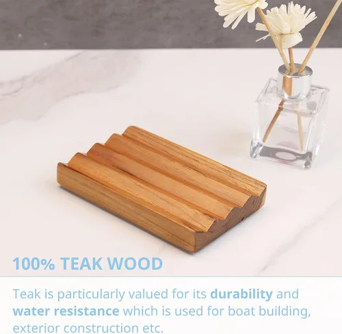 Vista 6 de Jabonera de teca para ducha de HTB, soporte decorativo de madera para jabón de baño, diseño de base elevada para mantener el jabón seco