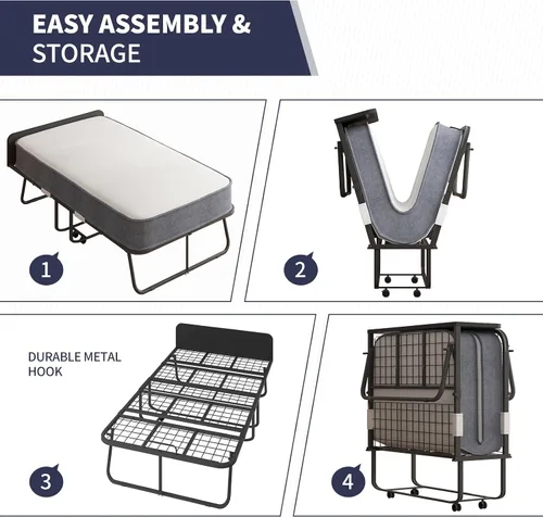 Vista 3 de ijuicy Cama plegable, cama plegable de 75 x 31 pulgadas con colchón de 5 pulgadas de grosor para adultos, relleno de espuma de alto rebote, cama