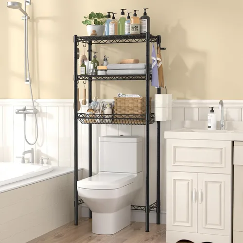 Vista 2 de Hodonas Estante de almacenamiento sobre el inodoro, organizador de baño ajustable con soporte para papel higiénico y 8 ganchos, 3 niveles de metal
