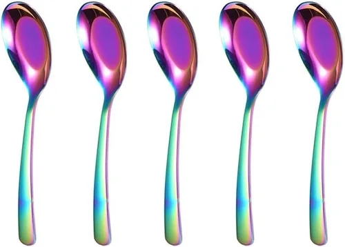 Vista 8 de 5 cucharas de sopa y postre de acero inoxidable con acabado espejo para sopa, arroz, té, leche, café y helado (dorado)