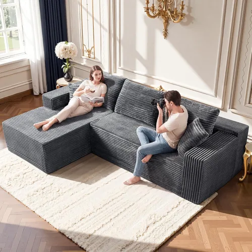 Vista 19 de Sofá seccional negro de 96.9 pulgadas, sofá modular de pana sin hueso con resortes y espuma de alta resistencia, asiento profundo compacto de gran