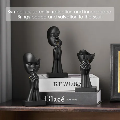 Vista 5 de 3 piezas de estatuas de oración de decoración negra, figuras modernas de oración de paz, detalles de decoración de estantes, escultura de arte
