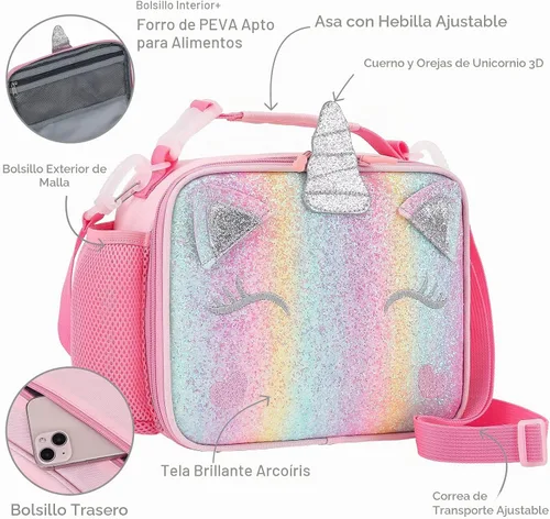 Vista 4 de Lonchera de unicornio para niñas con correas ajustables para el hombro, bonita lonchera aislada a prueba de fugas, con purpurina y brillo, bolsa