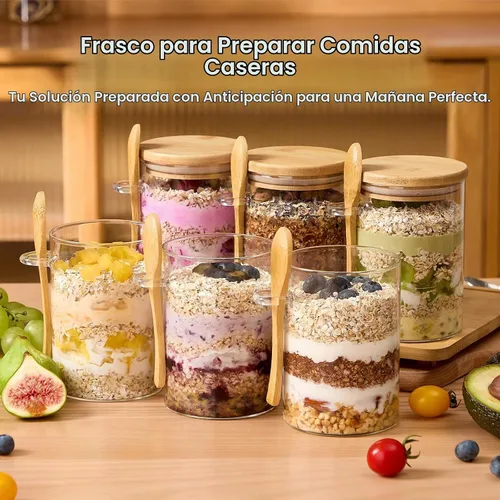 Vista 4 de Paquete de 4 recipientes de avena nocturna con tapas y cucharas de bambú - Tarros de vidrio herméticos de 22 onzas con tapa, tarros de preparación