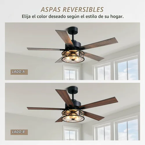 Vista 4 de Ventiladores de techo de granja con luces y control remoto, ventilador de techo rústico de 52 pulgadas con pantalla de vidrio de burbujas