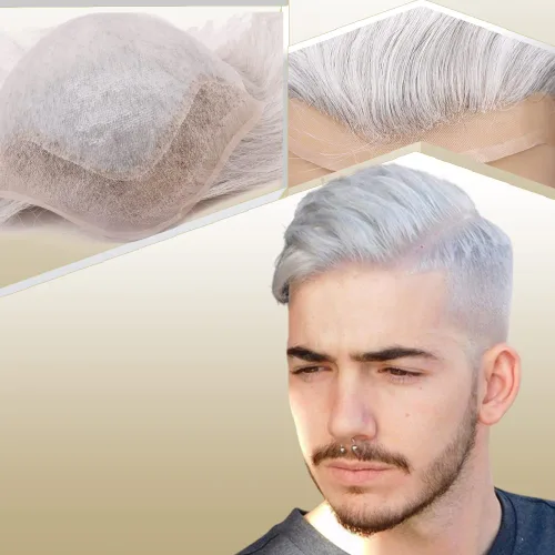 Vista 9 de Peluca de cabello humano europeo de repuesto para hombre, encaje suizo frontal, 0.003 in, piel fina, poliuretano, con bucle, 10 x 8 pulgadas