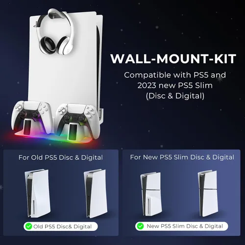 Vista 2 de Kit de montaje en pared para PS5 con estación de carga, soporte de pared delgado para PS5 - Base de cargadores rápidos de doble controlador con luz