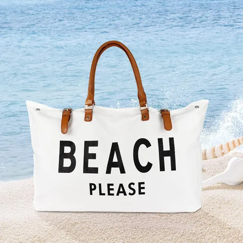 Vista 6 de Beach Bag with Vegan Leather Handle, Extra Large Beach Bag for Women Waterproof Sandproof, White