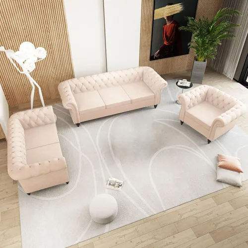 Vista 7 de QHITTY Silla decorativa, silla Chesterfield moderna tapizada de terciopelo con respaldo copetudo para muebles de sala de estar (beige)