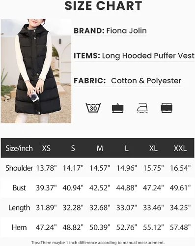 Vista 7 de Fiona Jolin Chaleco largo acolchado para mujer, negro, de invierno, de algodón, acolchado, sin mangas, chaquetas hinchadas