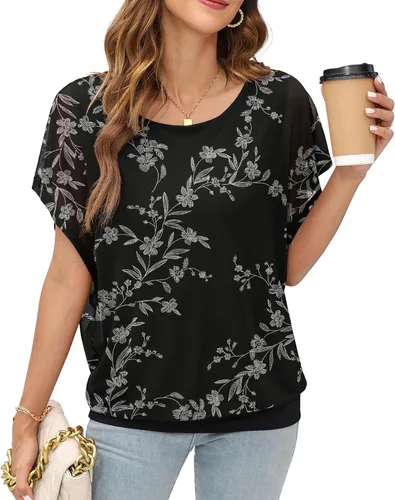 Vista 50 de VIISHOW - Blusa de gasa y de manga corta para mujer, estilo holgado y casual Negro