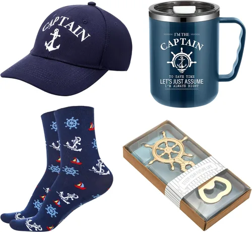 Vista 8 de Didaey 4 piezas de regalos de barco para hombres, gorra de capitán de barco, sombrero de capitán, vasos de acero inoxidable con texto en inglés "I'm
