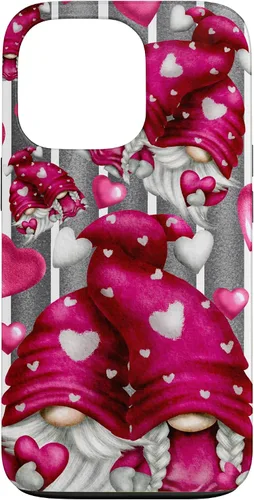 Vista 10 de Pink Heart Pattern On Grey Striped Decor Valentine Gnome Case for iPhone 17
