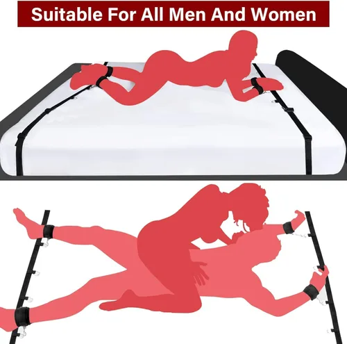 Vista 4 de Juego de cuerdas de sujeción para cama sexual, correas de amarre para cama de servidumbre, esposas peludas, juego de puños de mano para adultos