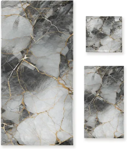 Vista 8 de Juego de toallas de baño para baño, toallas de mano, toallas de mano con diseño de mármol dorado y negro, 3 piezas, algodón decorativo, absorbente