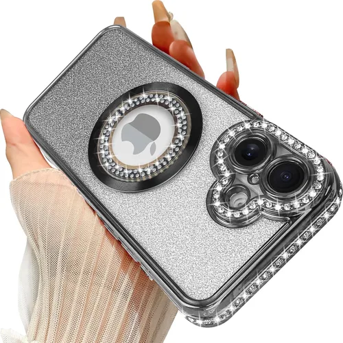 Vista 28 de Losin Funda magnética compatible con iPhone 15 Pro Max con purpurina compatible con MagSafe Funda de lujo con diamantes de imitación con logotipo