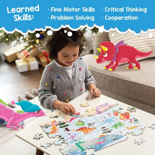 Vista 5 de Peaceable Kingdom Rompecabezas de dinosaurios navideños, rompecabezas de dinosaurios de 100 piezas para niños a partir de 5 años, ideal para aulas