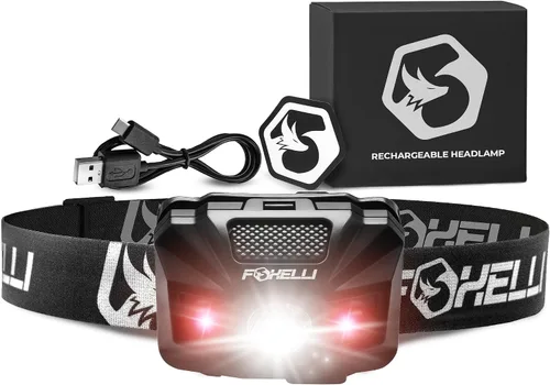 Vista 9 de Foxelli Linterna frontal LED recargable USB‑C – Ultraligero 2.4 oz y brillante 180 lúmenes – Luz roja/blanca, 5 modos, IPX5 impermeable, 40 horas