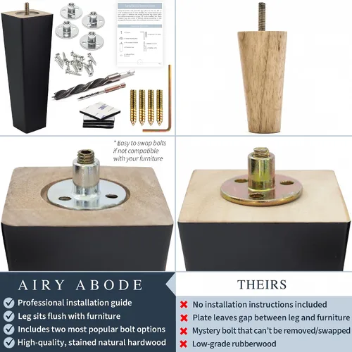Vista 3 de Airy Abode Patas cuadradas premium de muebles en negro (kit de instalación completa) - Elige tu