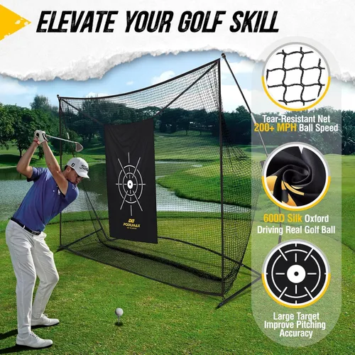 Vista 6 de PodiuMax Red de golf, red de práctica de golf de 10 x 7 pies con objetivo de seda que reduce el ruido, conduce pelotas reales, redes de golpeo