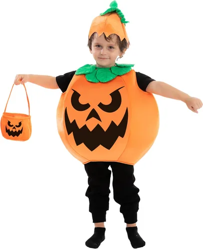 Vista 4 de Spooktacular Creations Halloween Pumpkin Costume Kids with Basket Outfit for Toddler Child Halloween Dress Up Party