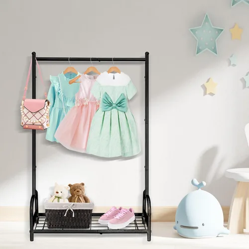 Vista 6 de Perchero de ropa para niños, estante de almacenamiento de disfraces para niños, pequeño estante de ropa con estante de almacenamiento de metal