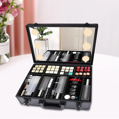 Vista 3 de Estuche de tren de maquillaje, organizador portátil de cosméticos de maquillaje de belleza, Negro2, Portátil