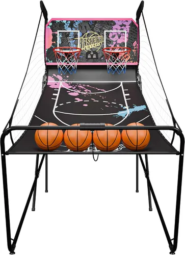Vista 10 de Nova Microdermabrasion Juego de arcade de baloncesto plegable para interior, tiro doble, 2 jugadores con 4 bolas, marcador electrónico y bomba