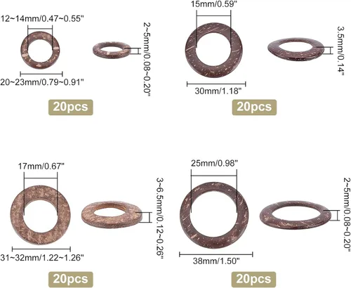 Vista 6 de PH PandaHall 80 anillos de enlace de madera, 4 estilos, anillos de coco sin taladrar, conectores colgantes de mini círculo, círculos de madera