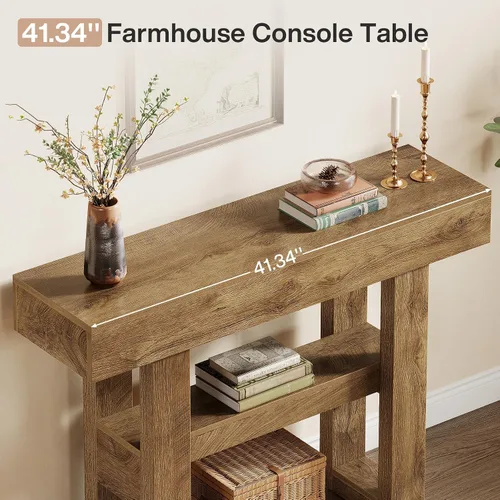Vista 4 de Tribesigns Mesa consola de granja de 41.34 pulgadas, mesa de sofá estrecha de 2 niveles detrás del sofá, muebles de entrada con estantes de Marrón