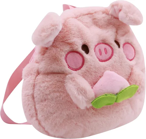 Vista 4 de Linda mochila de peluche para niña, bolsa de peluche kawaii de cerdo para la escuela, mini bolsa de felpa para niñas y mujeres, bolso mullido