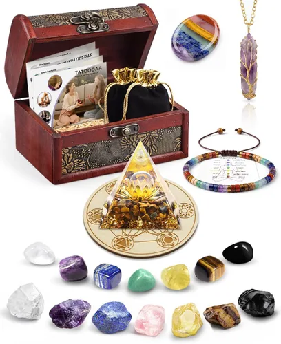 Vista 18 de Cristales y piedras curativas, juego de 21 piezas de cristales curativos, juego de 7 piedras de cristal de chakras, pirámide de selenita cruda