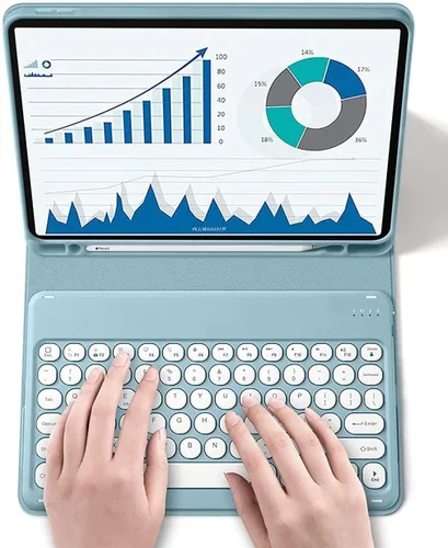Vista 2 de Funda de teclado para Galaxy Tab A8 de 10.5 pulgadas, funda con soporte de teclas redondas delgadas de color caramelo dulce con soporte para S Pen