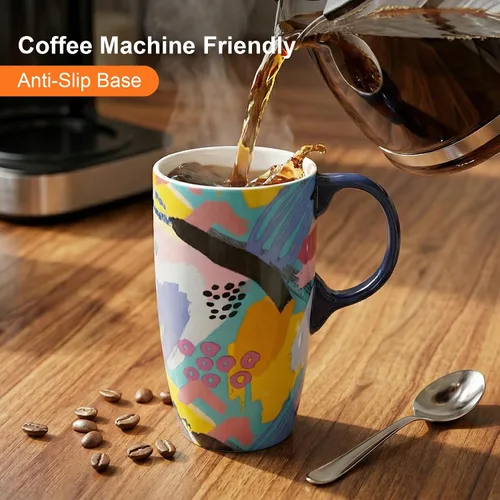 Vista 5 de Topadorn Taza de café de cerámica de 17 onzas con tapa, taza abstracta de los años 80, taza de té de porcelana de graffiti colorido, apta