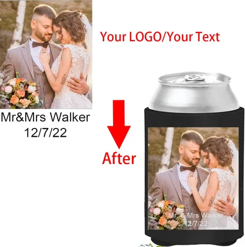 Vista 2 de Enfriador de latas de boda personalizado, mangas enfriadoras de latas de cerveza personalizadas para aniversario, regalo de cumpleaños, recuerdo