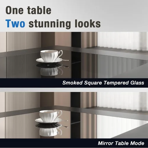 Vista 4 de FKWin Mesas de centro modernas negras – Mesa de centro cuadrada con espejo de profundidad infinita con luces LED, mesa negra para sala de estar