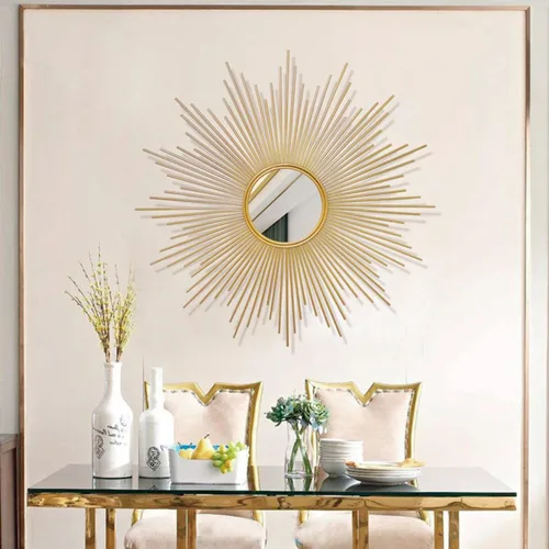Vista 5 de APLUSH Espejo de pared dorado con forma de explosión de sol de mediados de siglo, moderno Starburst, gran círculo colgante decorativo, para sala